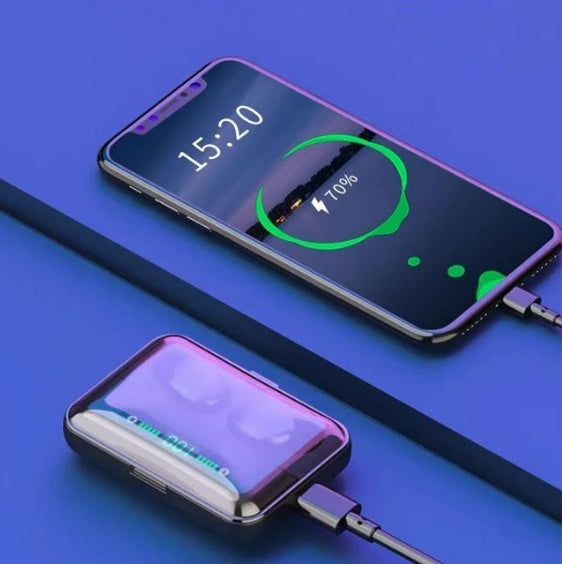 Smartphone with charging case on a blue background
