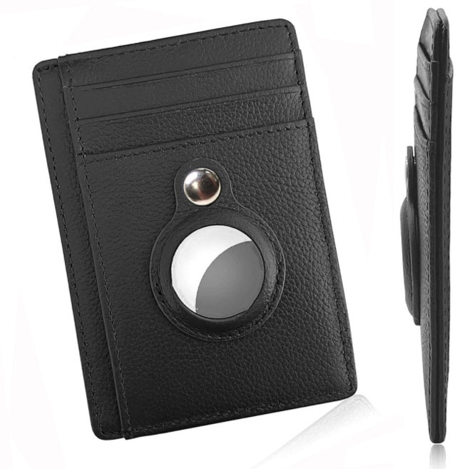 Black leather cardholder with magnetic strip and circular design on a white background