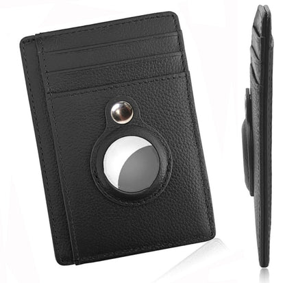 Black leather cardholder with magnetic strip and circular design on a white background