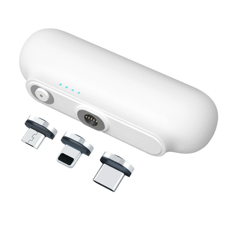 White magnetic cable and charging device with compatibility icons on a white background