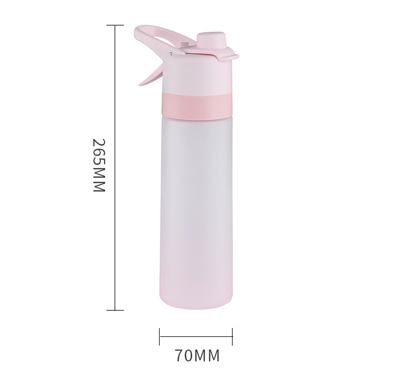 Pink water bottle with measurements on a white background