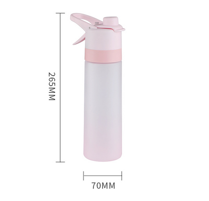 Pink water bottle with measurements on a white background
