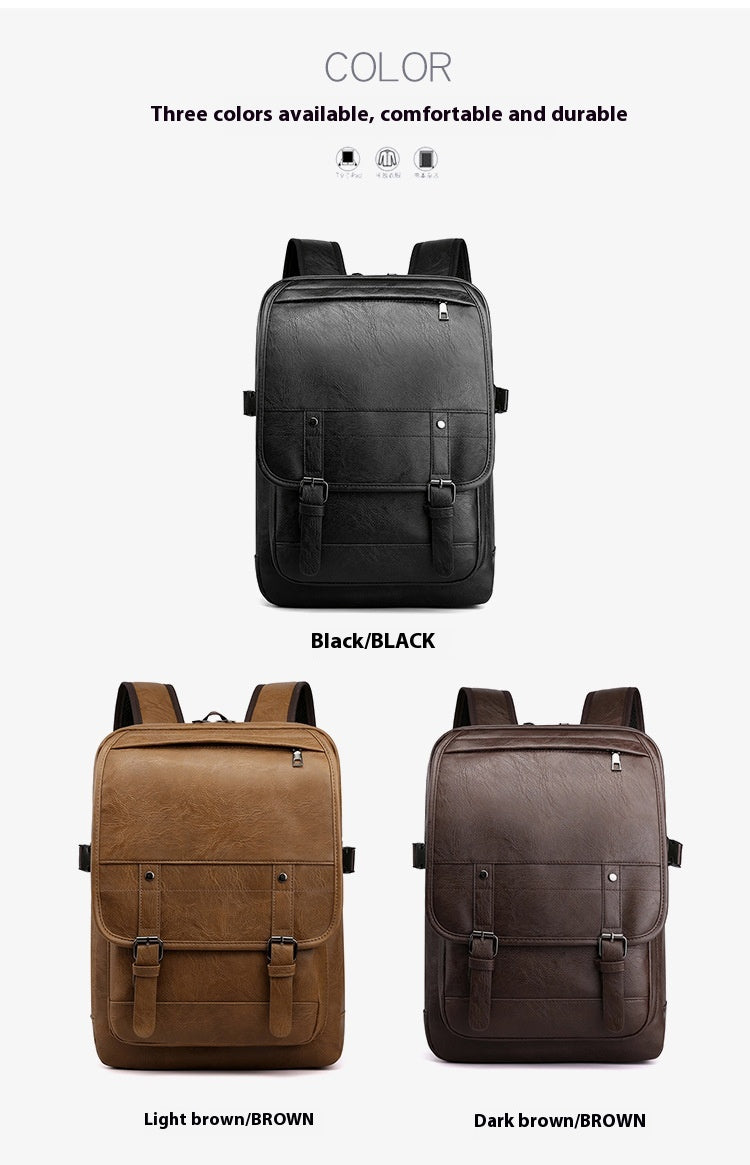 Three backpacks in black, light brown, and dark brown on a white background.