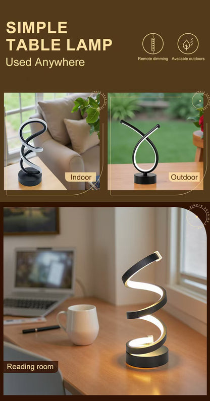 Spiral table lamp shown in indoor and outdoor settings with text indicating its versatility.