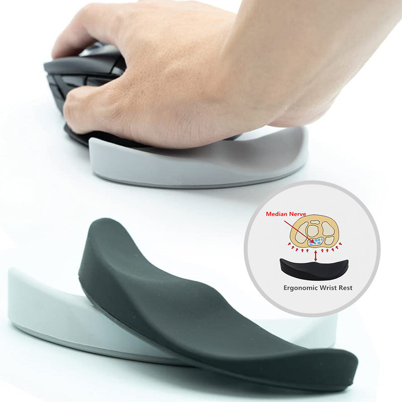 Ergonomic wrist rest being used with a hand, showing how it supports the median nerve.