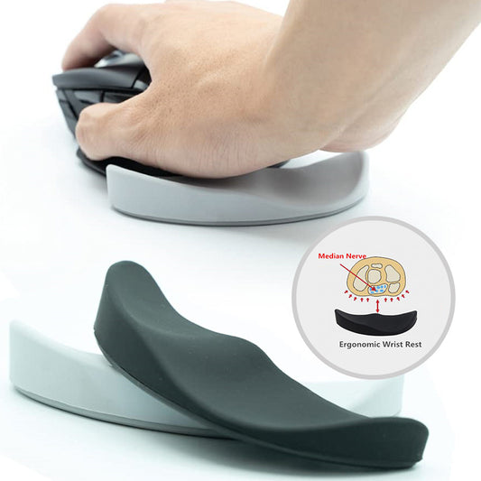 Ergonomic wrist rest being used with a hand, showing how it supports the median nerve.