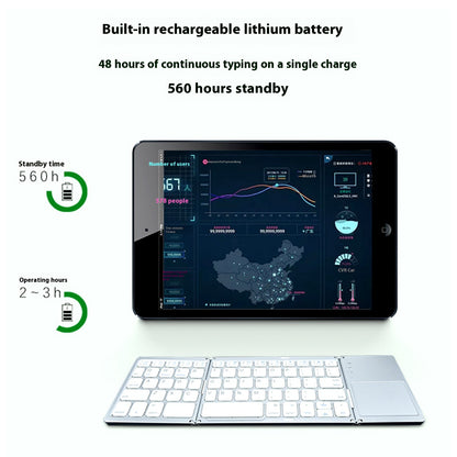 Tablet with keyboard and battery life information on a white background