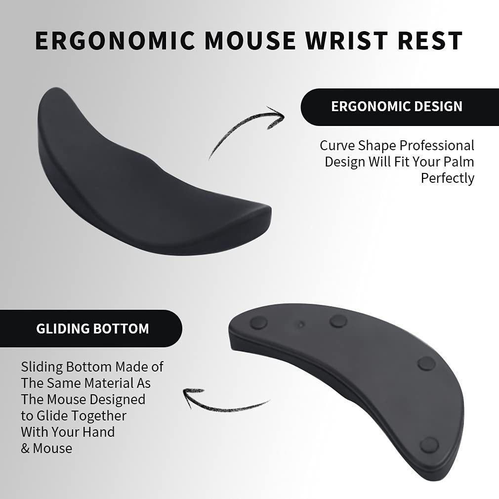 Ergonomic mouse wrist rest with text highlighting features on a gray background