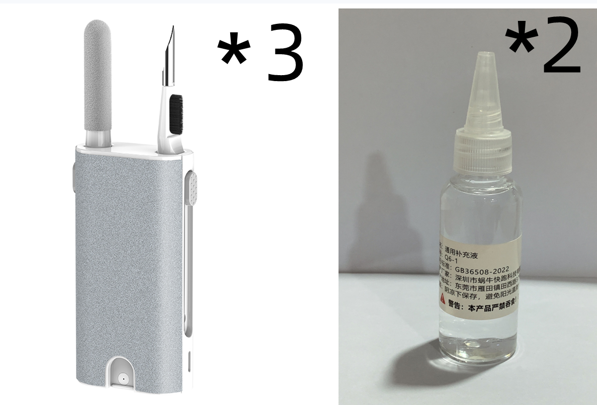 Electronic device with a pen-like attachment and a bottle of liquid on a white background