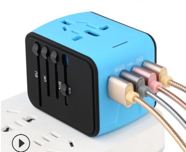 Blue international travel adapter with multiple plug outlets on a white background