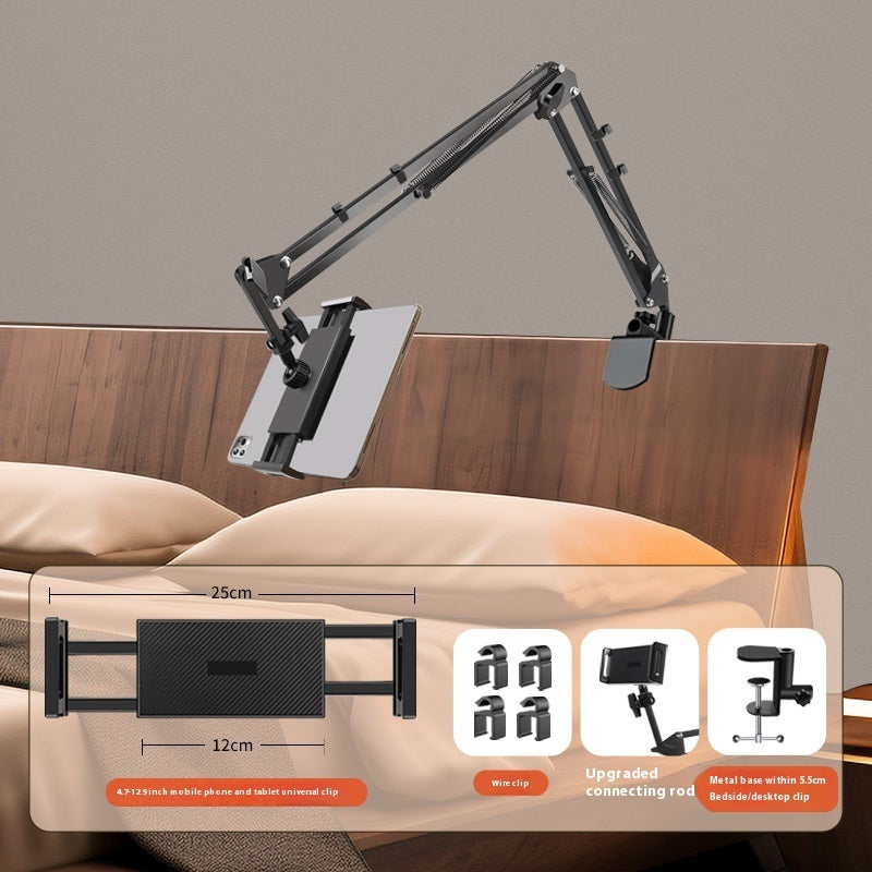 Adjustable arm monitor stand on a bed with dimensions and features displayed.