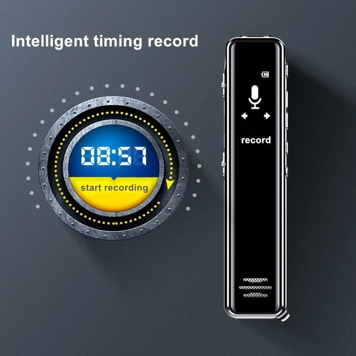 Digital voice recorder with timer display on a dark background