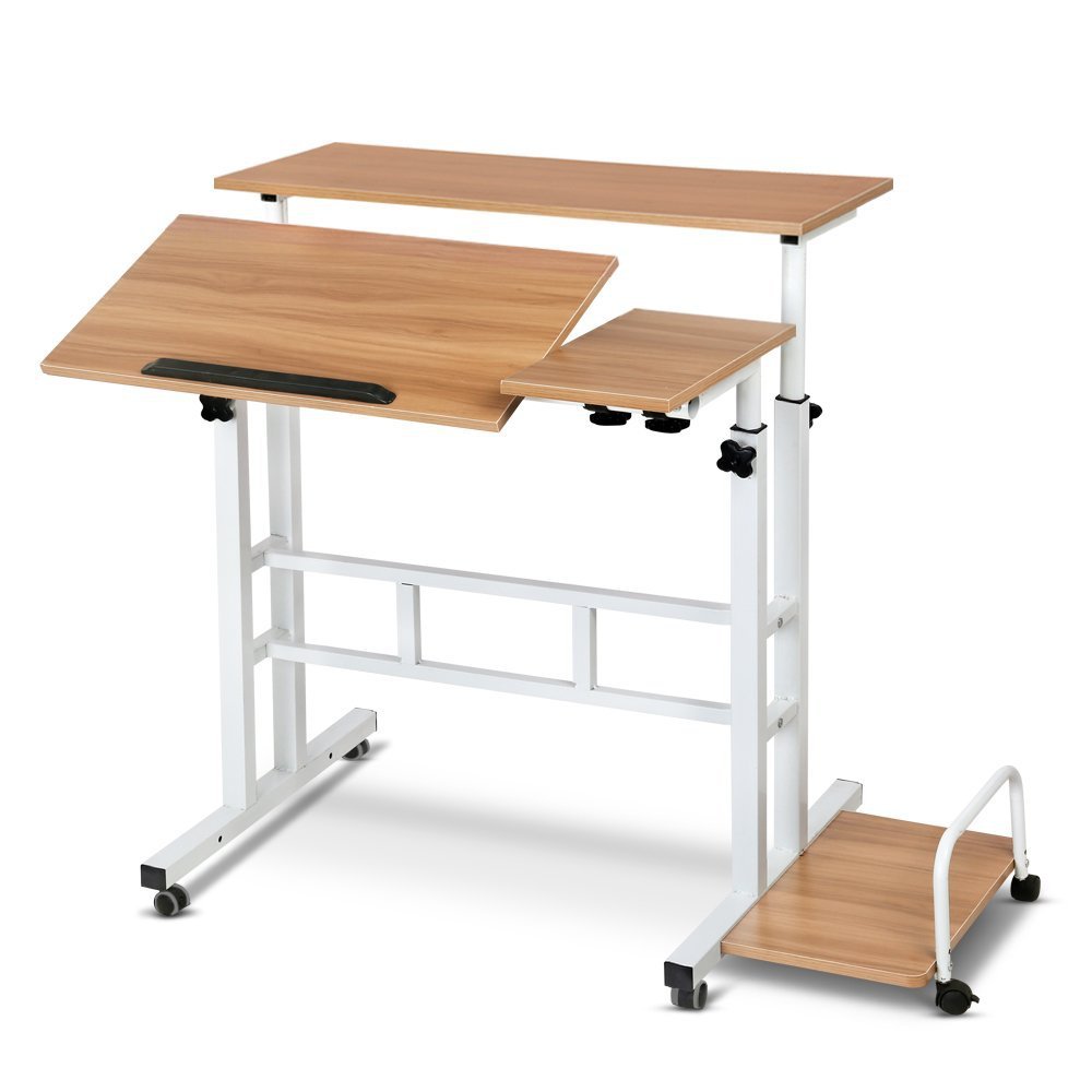 Wooden adjustable desk with a white frame on a white background