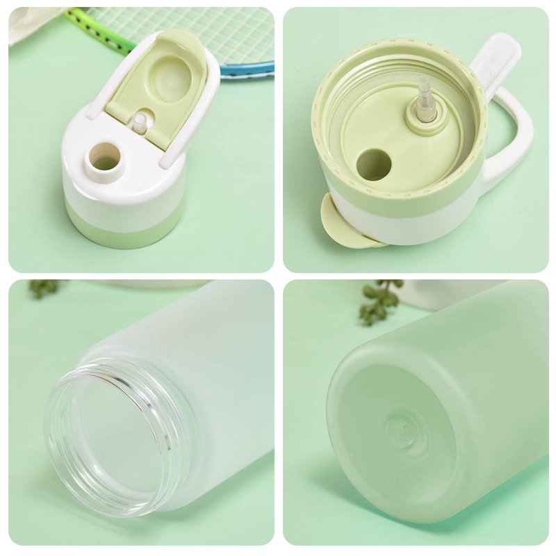 Collage of a green and white water bottle with different parts on a green background