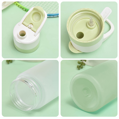 Collage of a green and white water bottle with different parts on a green background