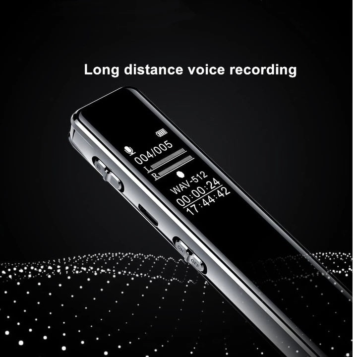 Digital voice recorder with display on a black background