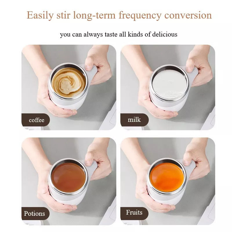 Collage of hands holding a mug with different contents labeled as coffee, milk, potions, and fruits.