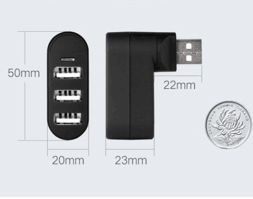 Black USB hub with dimensions and a coin for scale on a light gray background