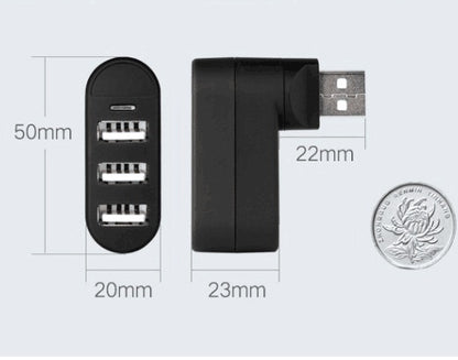 Black USB hub with dimensions and a coin for scale on a light gray background