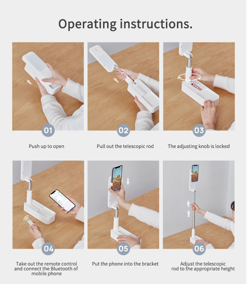 Step-by-step operating instructions for a device on a wooden surface.