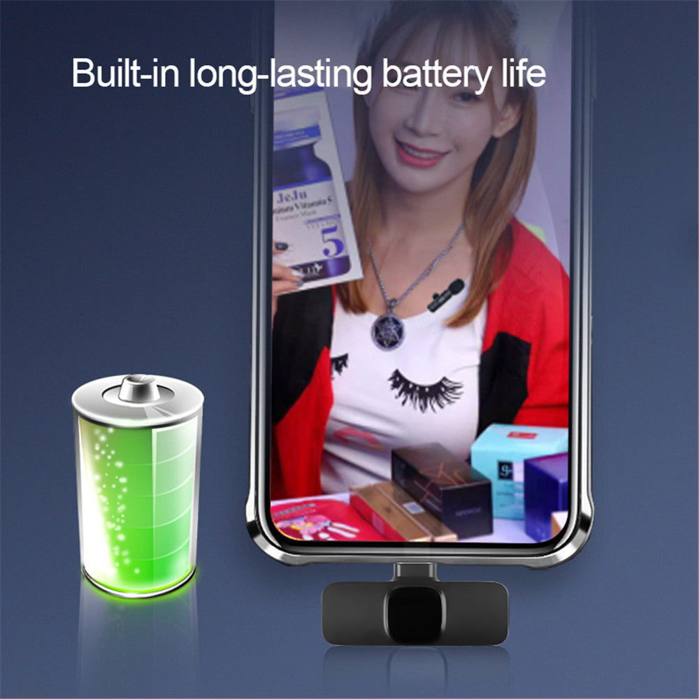 Phone with screen displaying a woman, battery icon, and text 'Built-in long-lasting battery life' on a dark background.