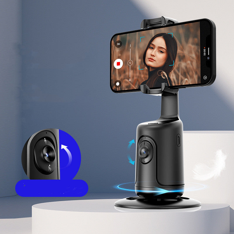 Smartphone mounted on a gimbal with a blue arrow indicating rotation, against a gray background.