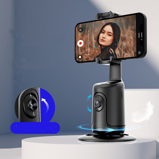 Smartphone mounted on a gimbal with a blue arrow indicating rotation, against a gray background.