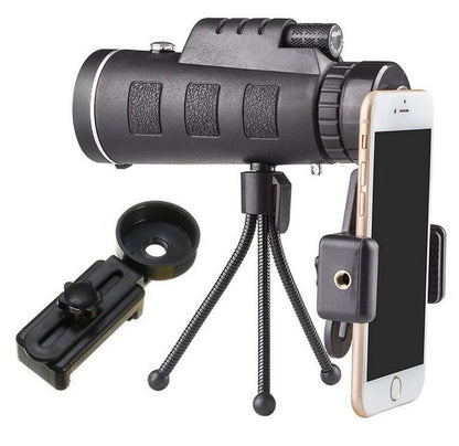 Black monocular with tripod and phone holder on a white background