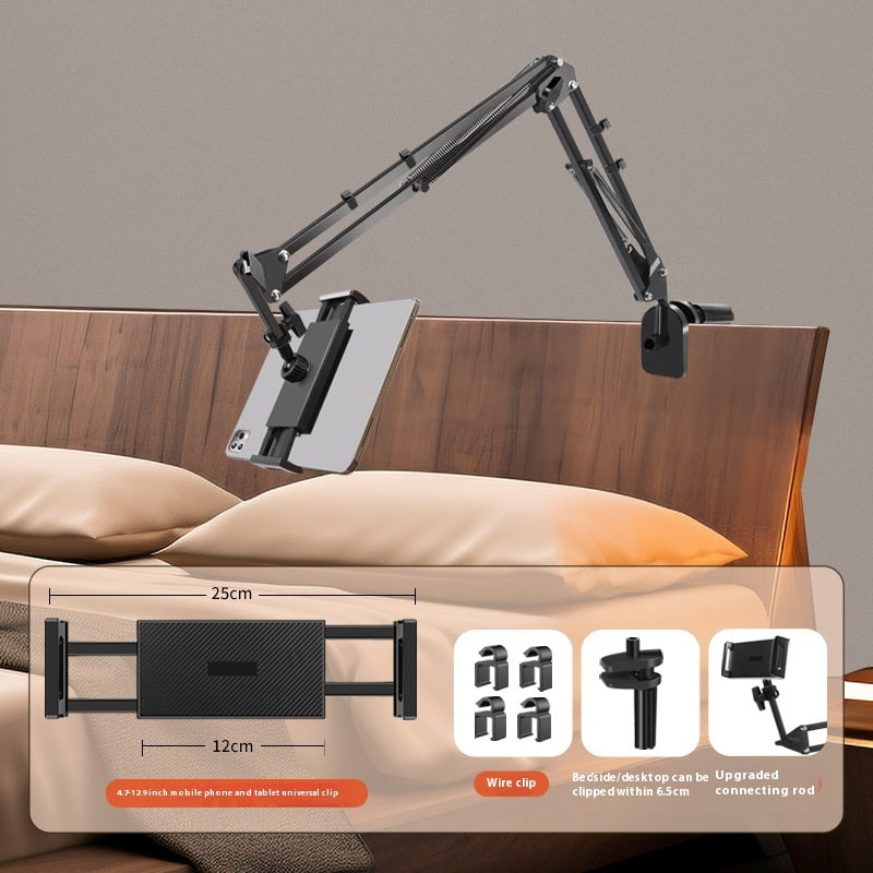 Adjustable arm mount on a bed with dimensions and features displayed.