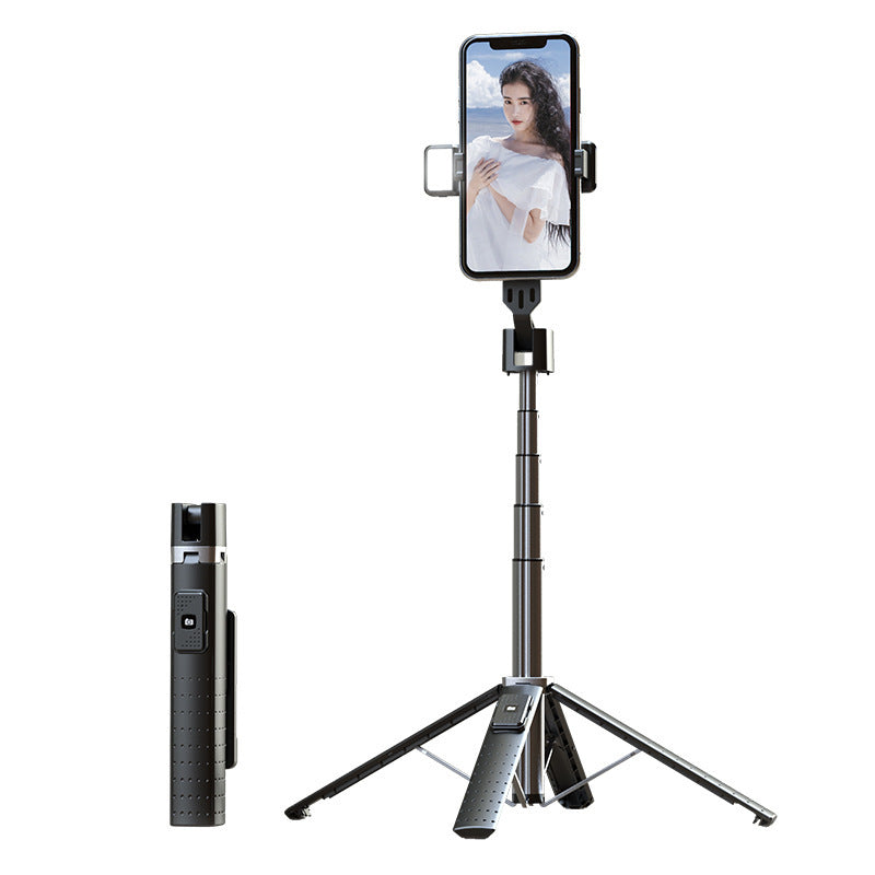 Phone holder with tripod and remote control on a white background