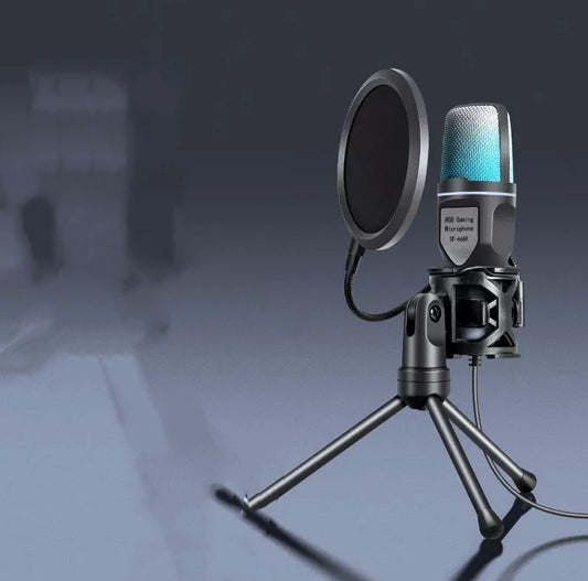 Microphone with pop filter on a stand against a blurred background
