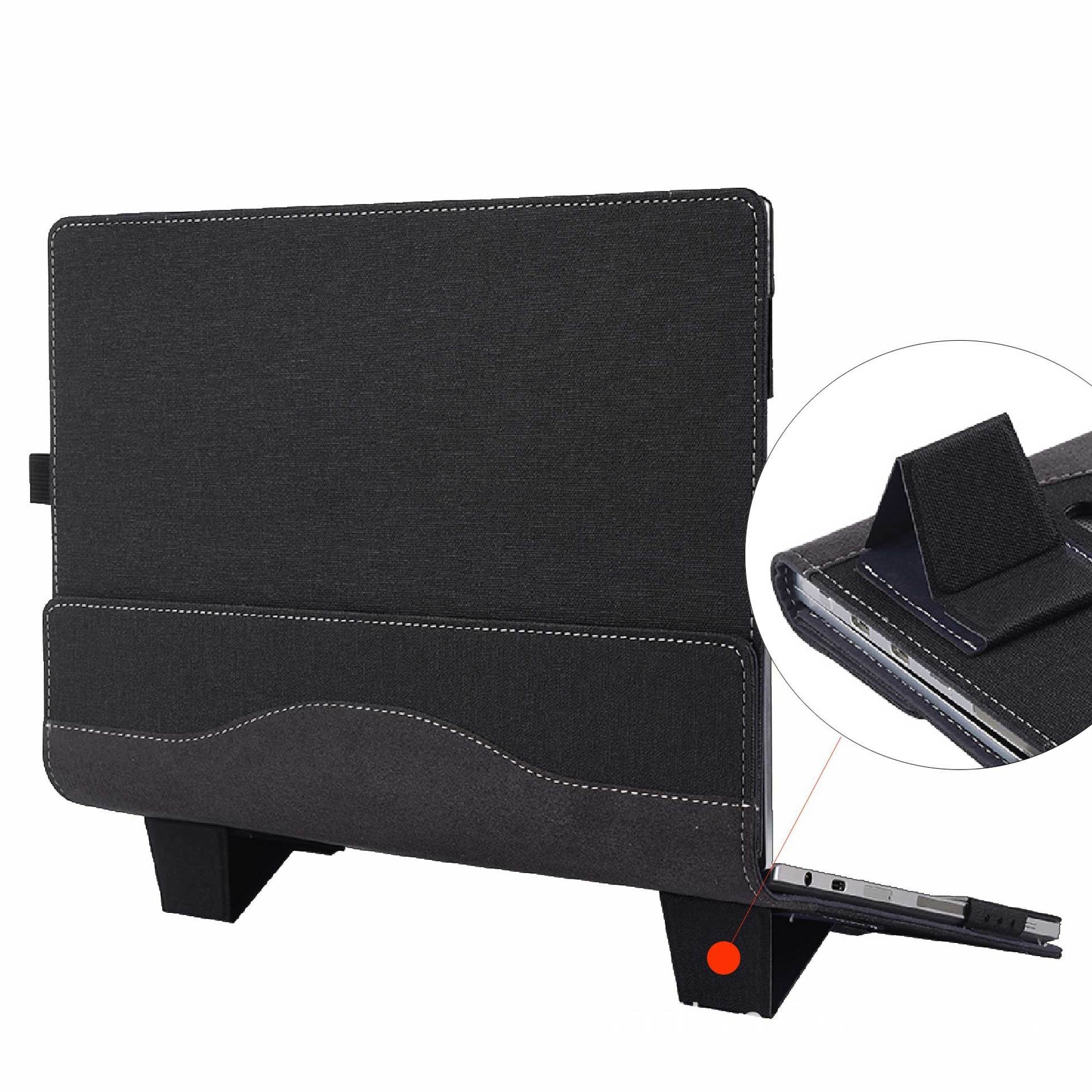 Black tablet stand with additional features on a white background