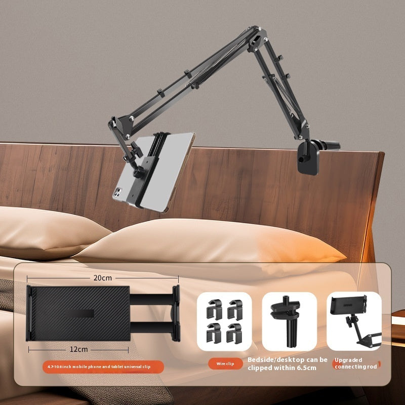 Adjustable arm mounted on a headboard with smartphone holder, showing dimensions and features.