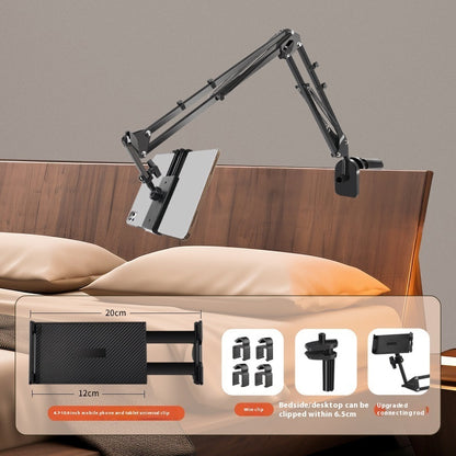 Adjustable arm mounted on a headboard with smartphone holder, showing dimensions and features.