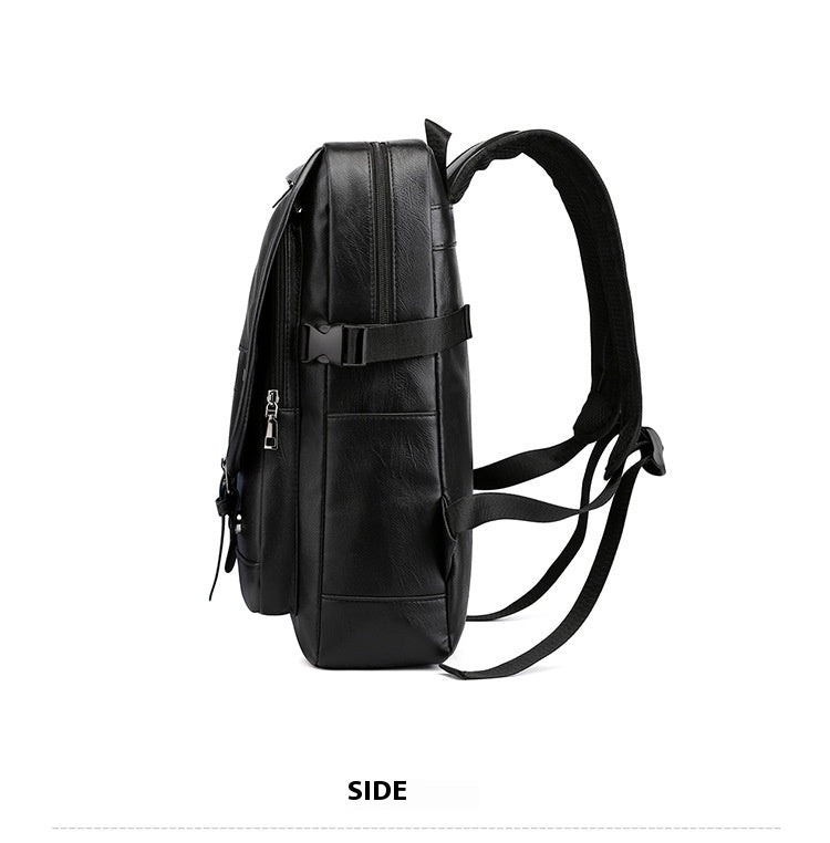 Black backpack shown from a side angle on a white background