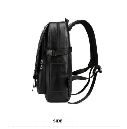 Black backpack shown from a side angle on a white background