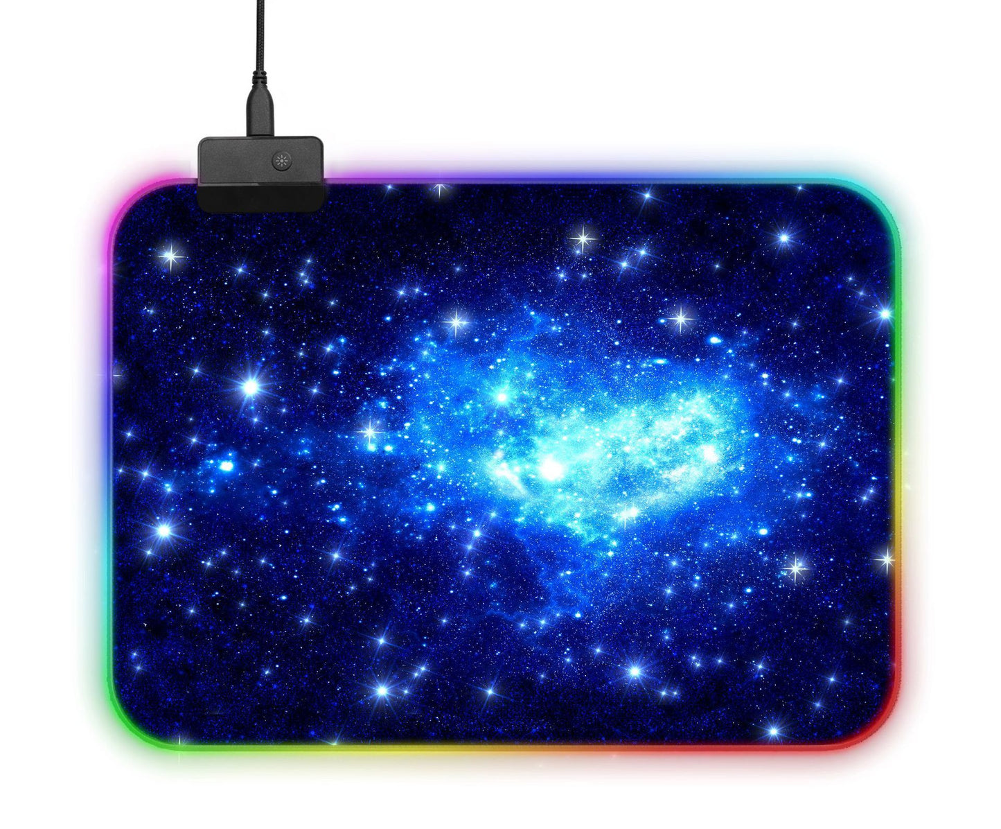 Mouse pad with galaxy design and RGB lighting on a white background