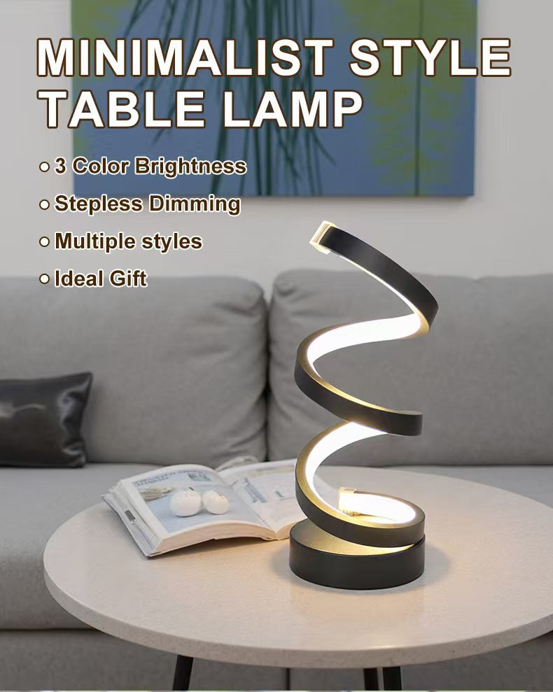 Spiral table lamp on a side table with a couch and book in the background, featuring text about lamp features.