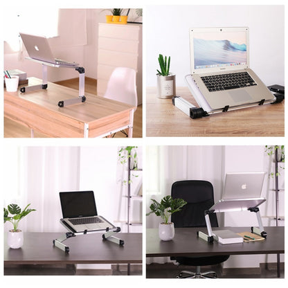Collage of a laptop stand in use on different desks with a laptop on top.