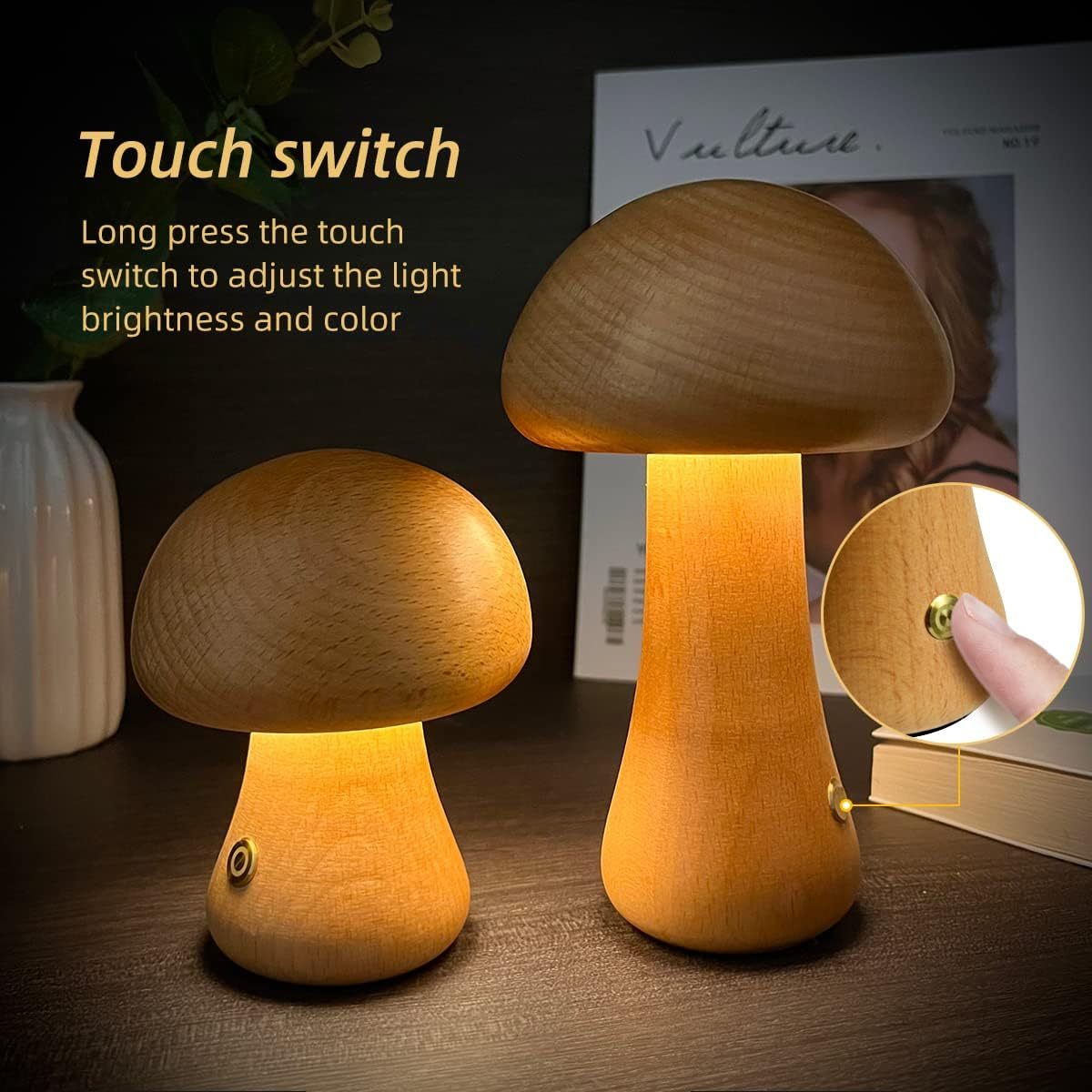 Mushroom-shaped night lights with a touch switch on a wooden surface.