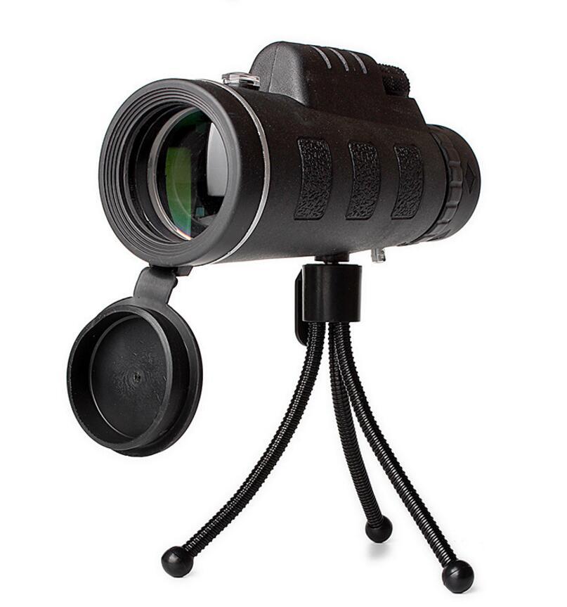 Black monocular with tripod on a white background