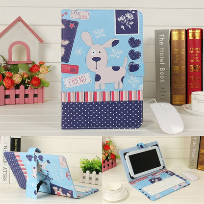 Tablet case with cartoon dog design on a desk with books and flowers