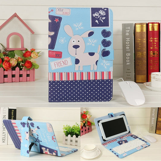 Tablet case with cartoon dog design on a desk with books and flowers