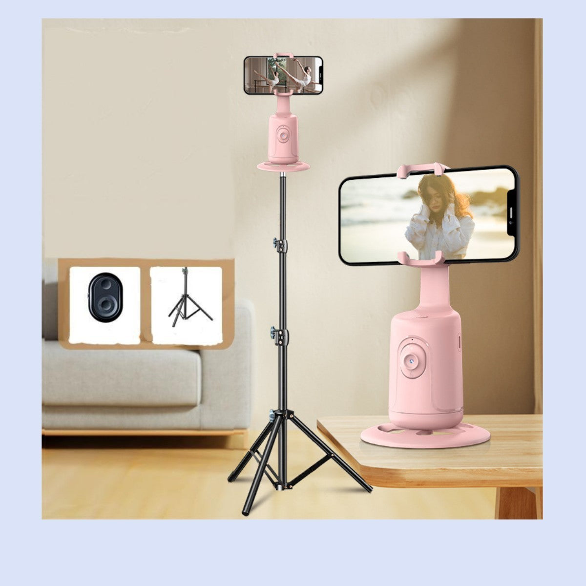 Pink smartphone holder with tripod on a table in a room setting