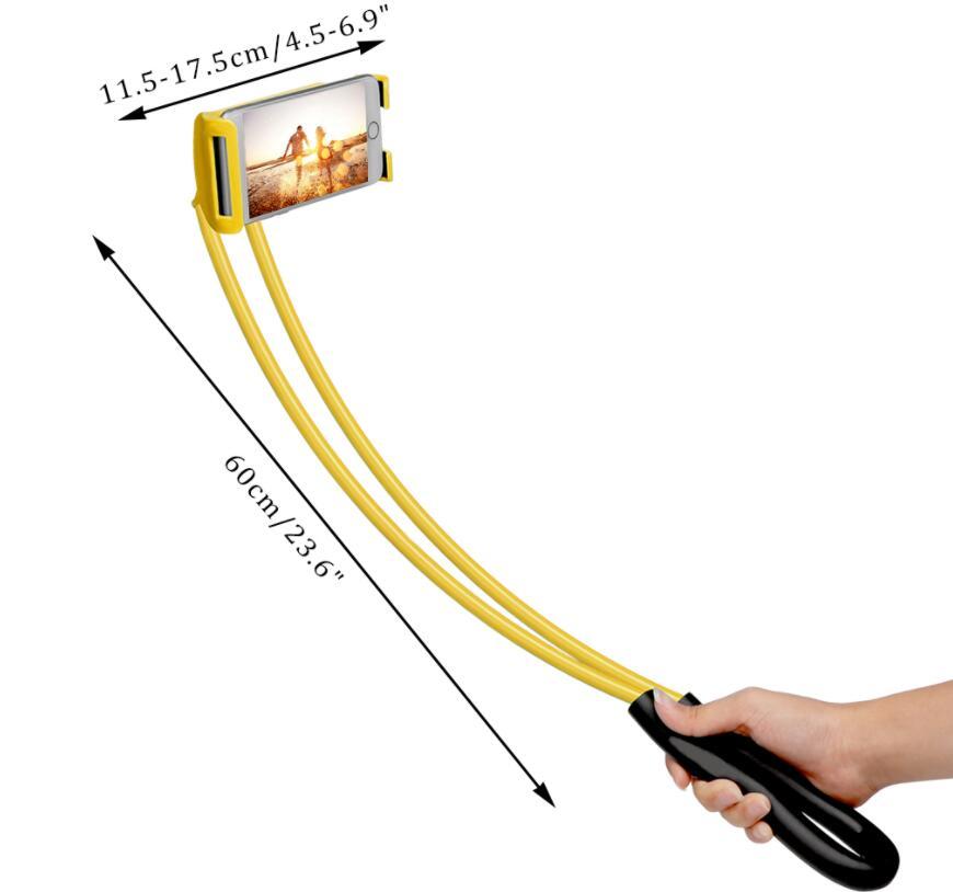 Yellow selfie stick with measurements and a hand holding it on a white background
