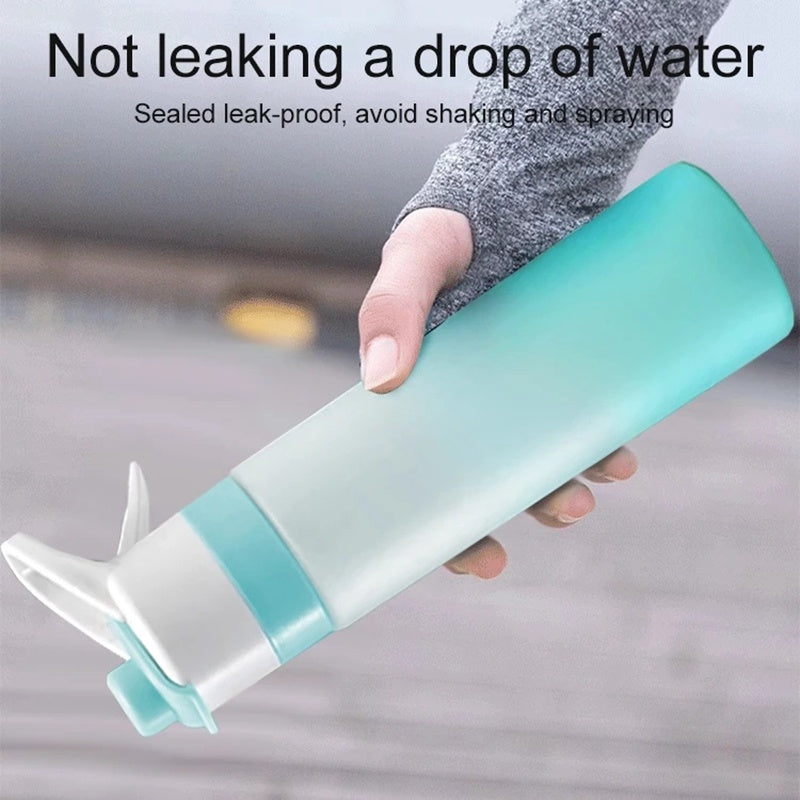 Hand holding a teal and white water bottle with text about its leak-proof design.