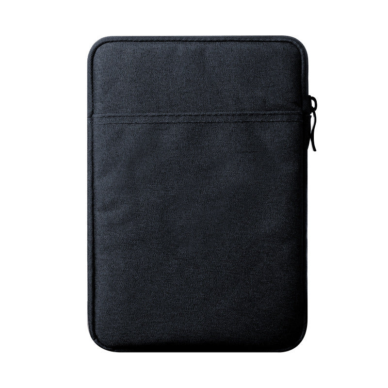 Black fabric pouch with a phone and earphones on a white background