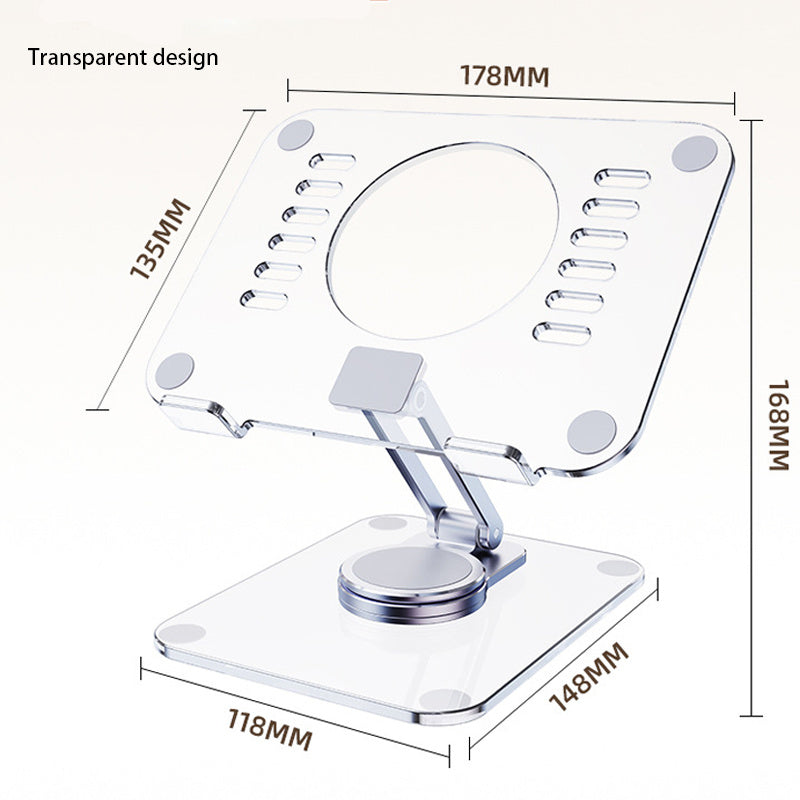 Transparent phone stand with dimensions labeled on a white background