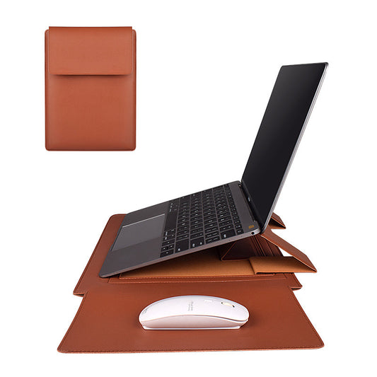 Brown leather stand with laptop, mouse, and pouch on a white background
