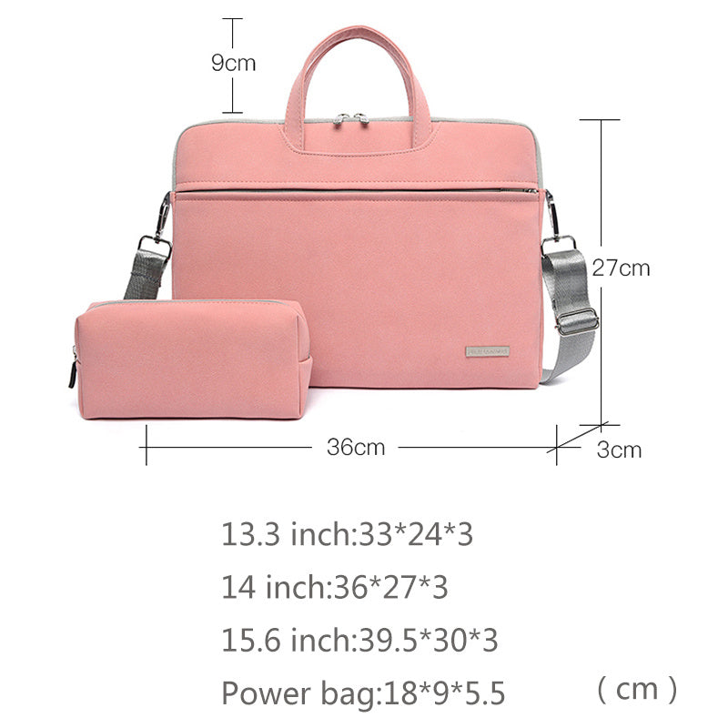 Pink laptop bag with dimensions labeled on a white background